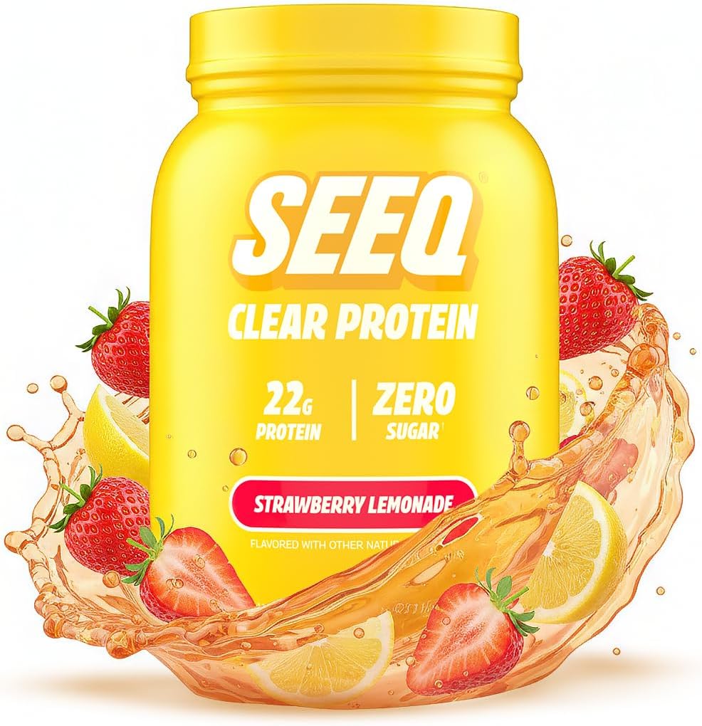 SEEQ Clear Whey Isolate Protein Powder Strawberry Lemonade tub front view for muscle recovery.