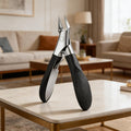 JAYDEEP@2008 ingrown toenail clippers front view displaying the sharp stainless steel blades and black rubber handle.