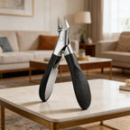 JAYDEEP@2008 ingrown toenail clippers front view displaying the sharp stainless steel blades and black rubber handle.