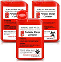 Baderke red pocket travel sharps disposal container with biohazard symbol for needle waste