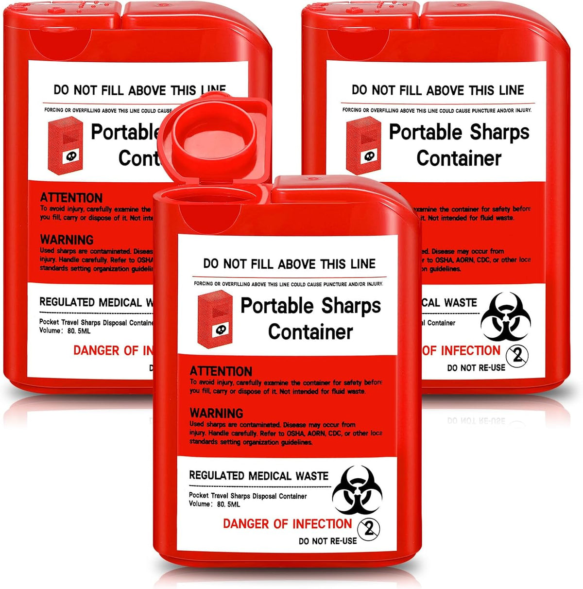 Baderke red pocket travel sharps disposal container with biohazard symbol for needle waste