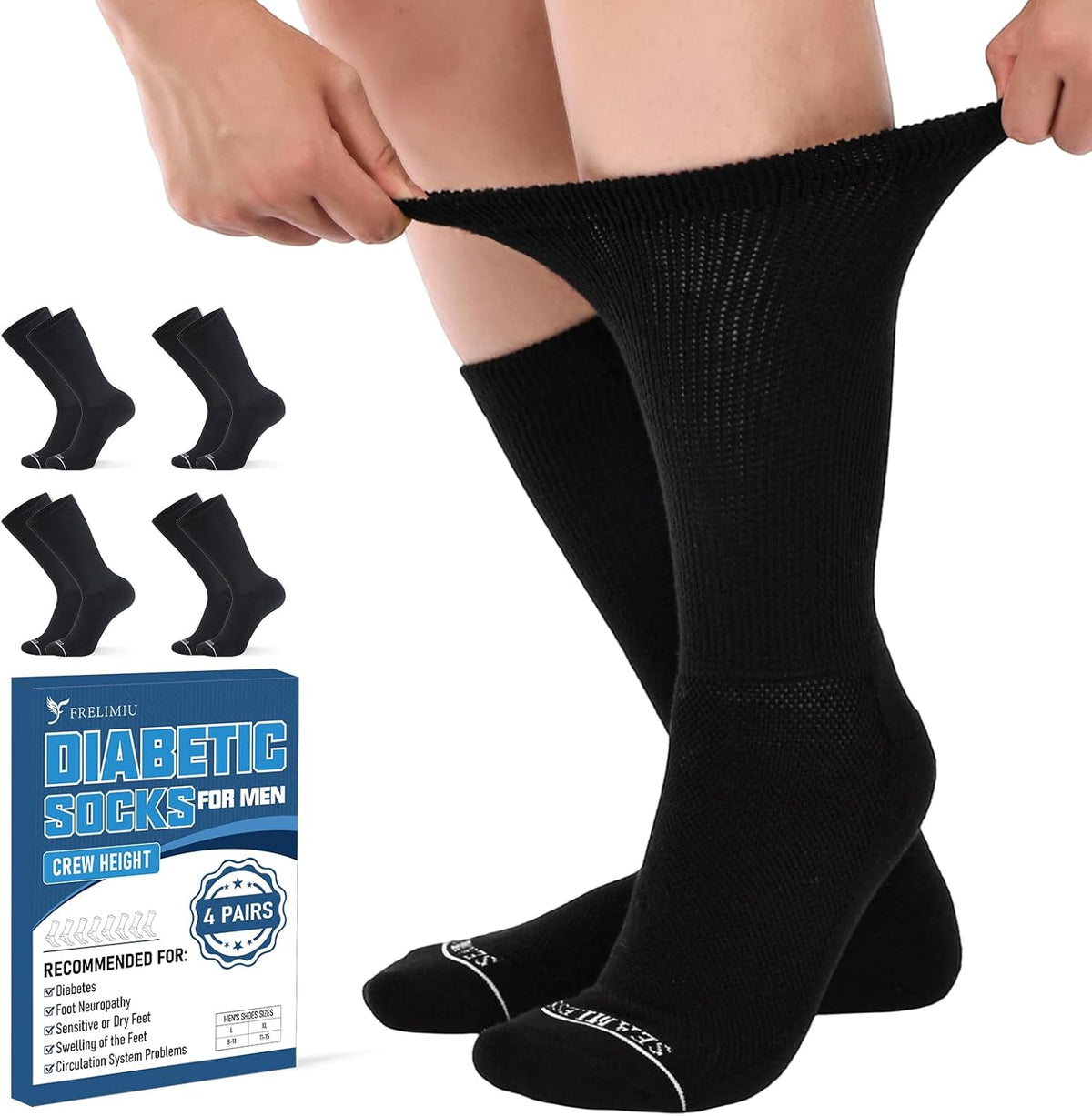 Frelimiu diabetic socks for men pack of four front view showing the loose non binding top cuff.