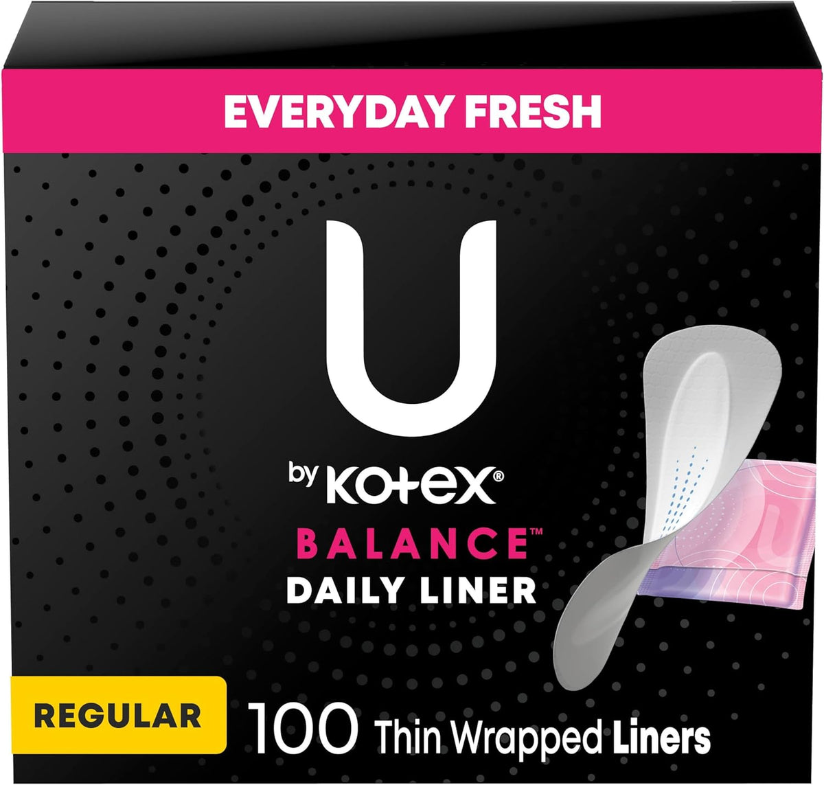 U by Kotex Balance Daily Panty Liners 100 count front view of packaging.