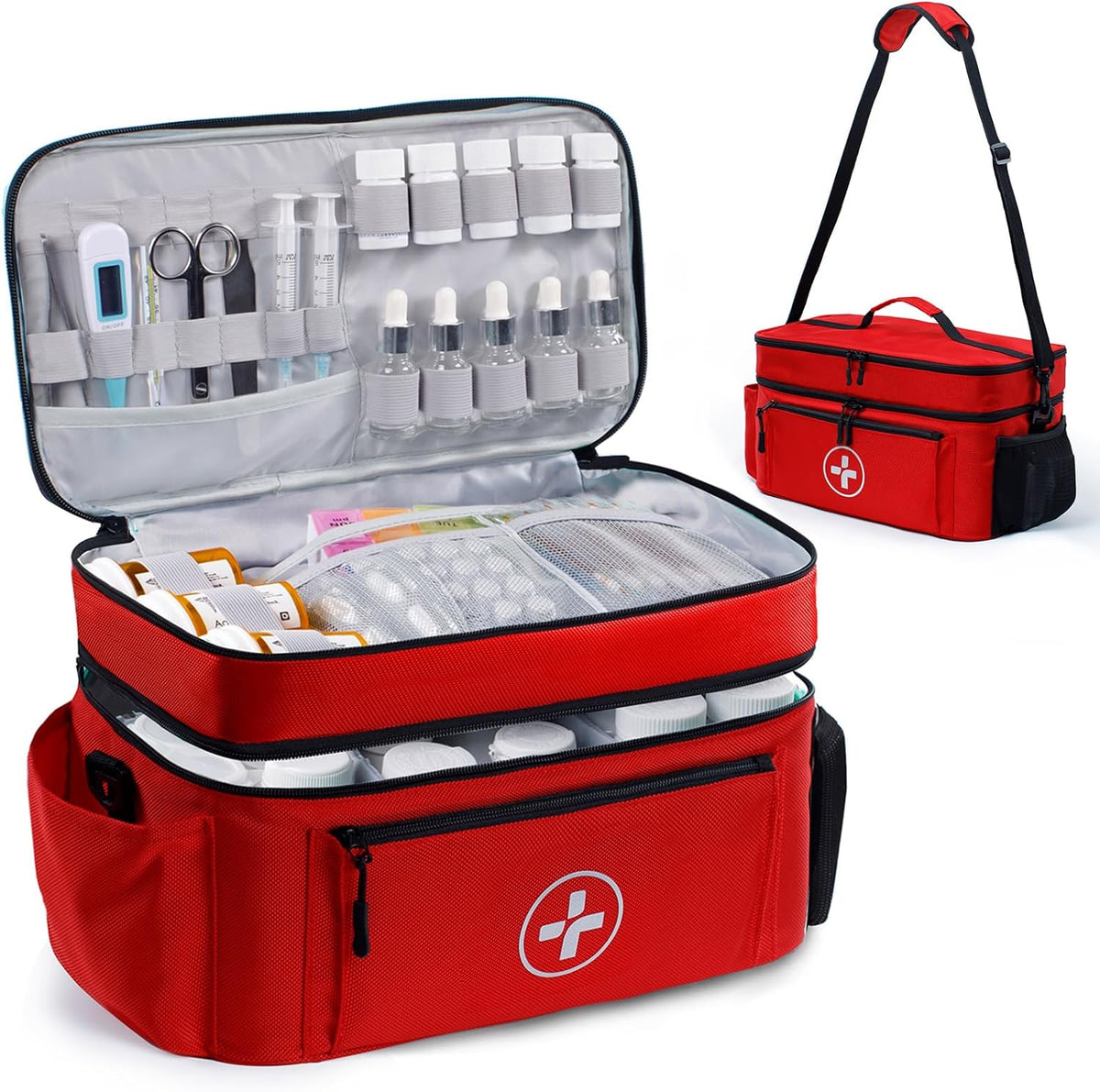 BAGSFY Travel Medicine Bag Organizer red front view showing carry handle