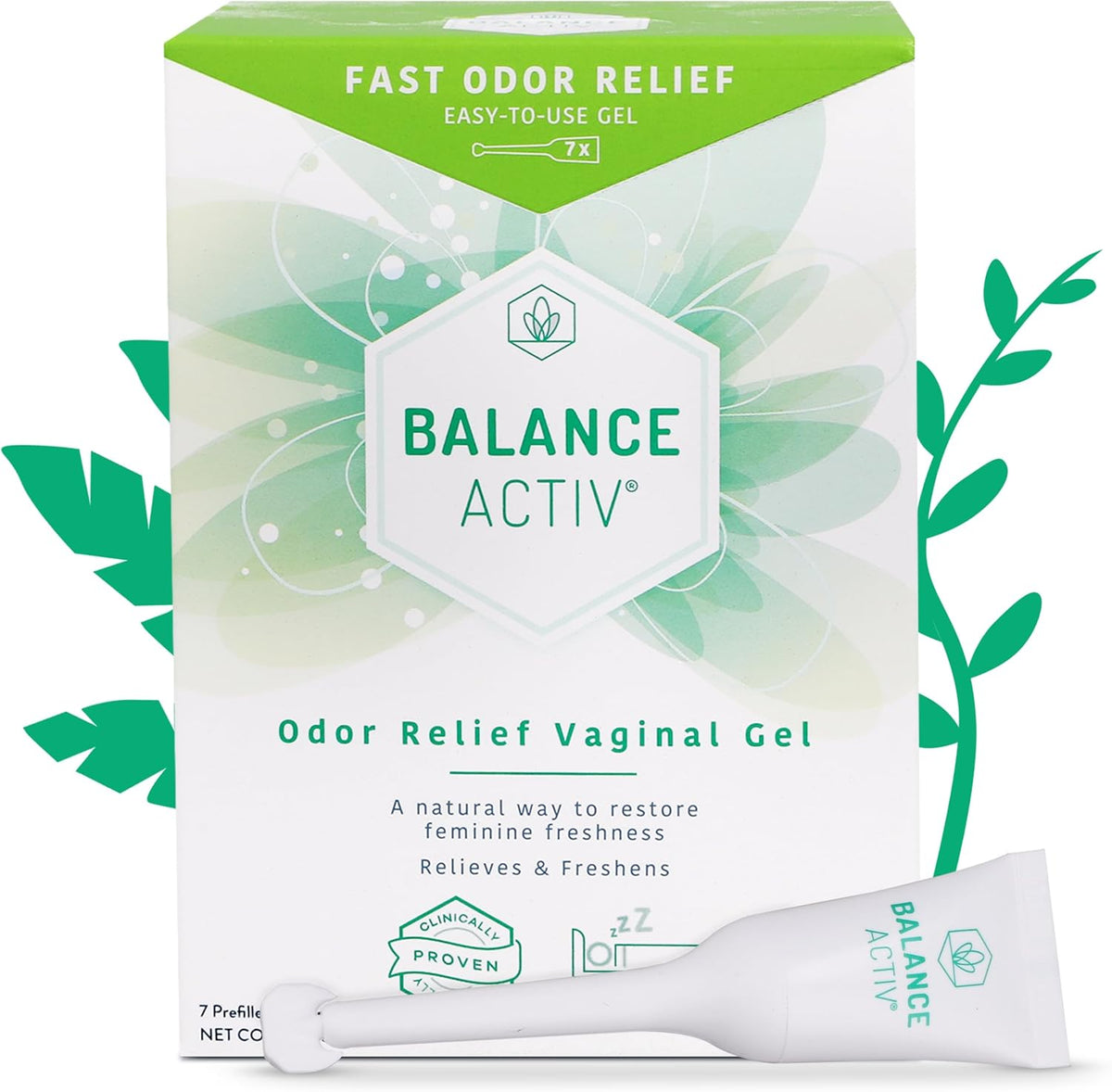 Balance Activ Odor Relief Vaginal Gel front packaging and applicators.