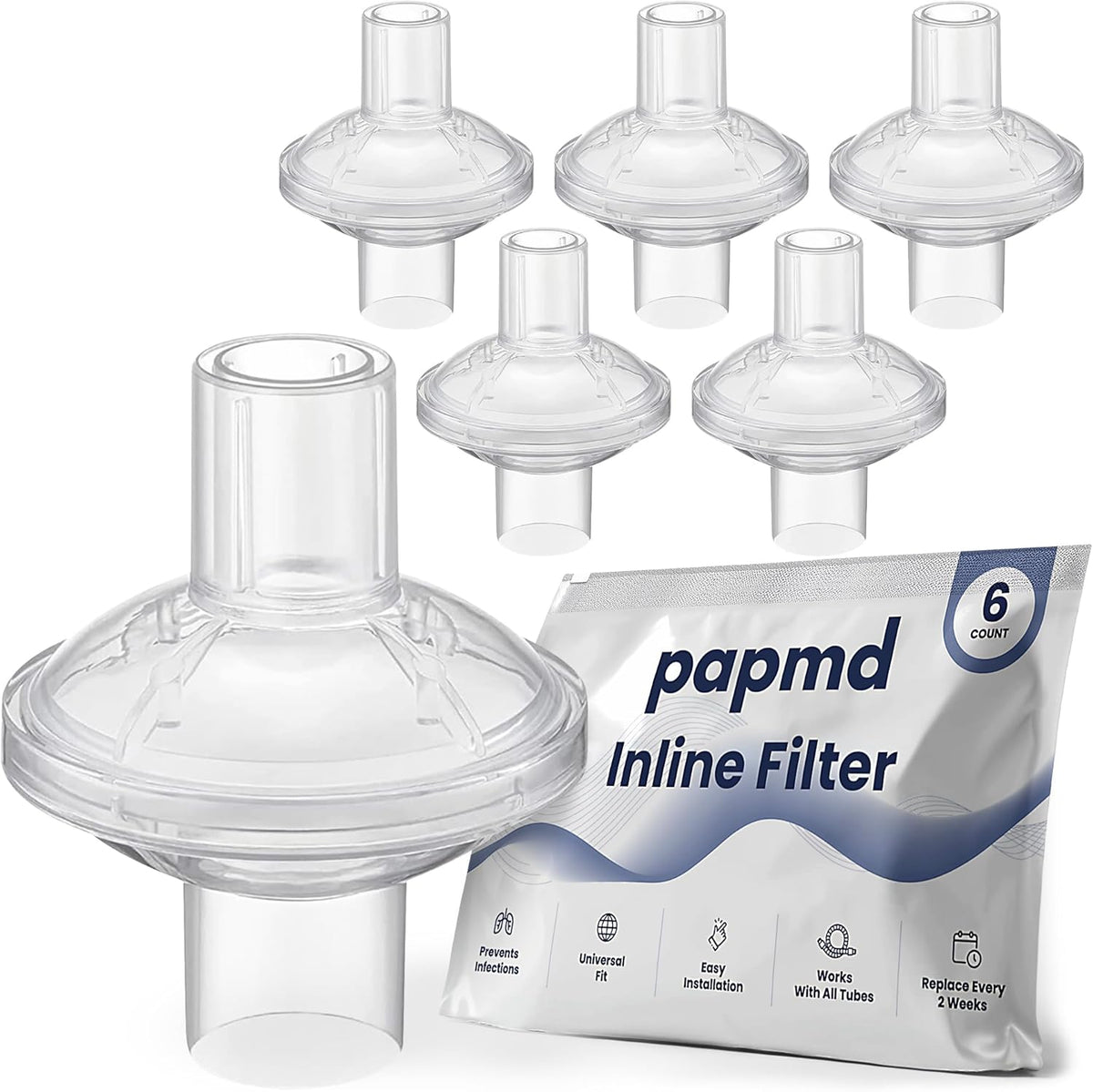 Pap MD Inline CPAP Filters 6 Pack front view showing filtration technology.