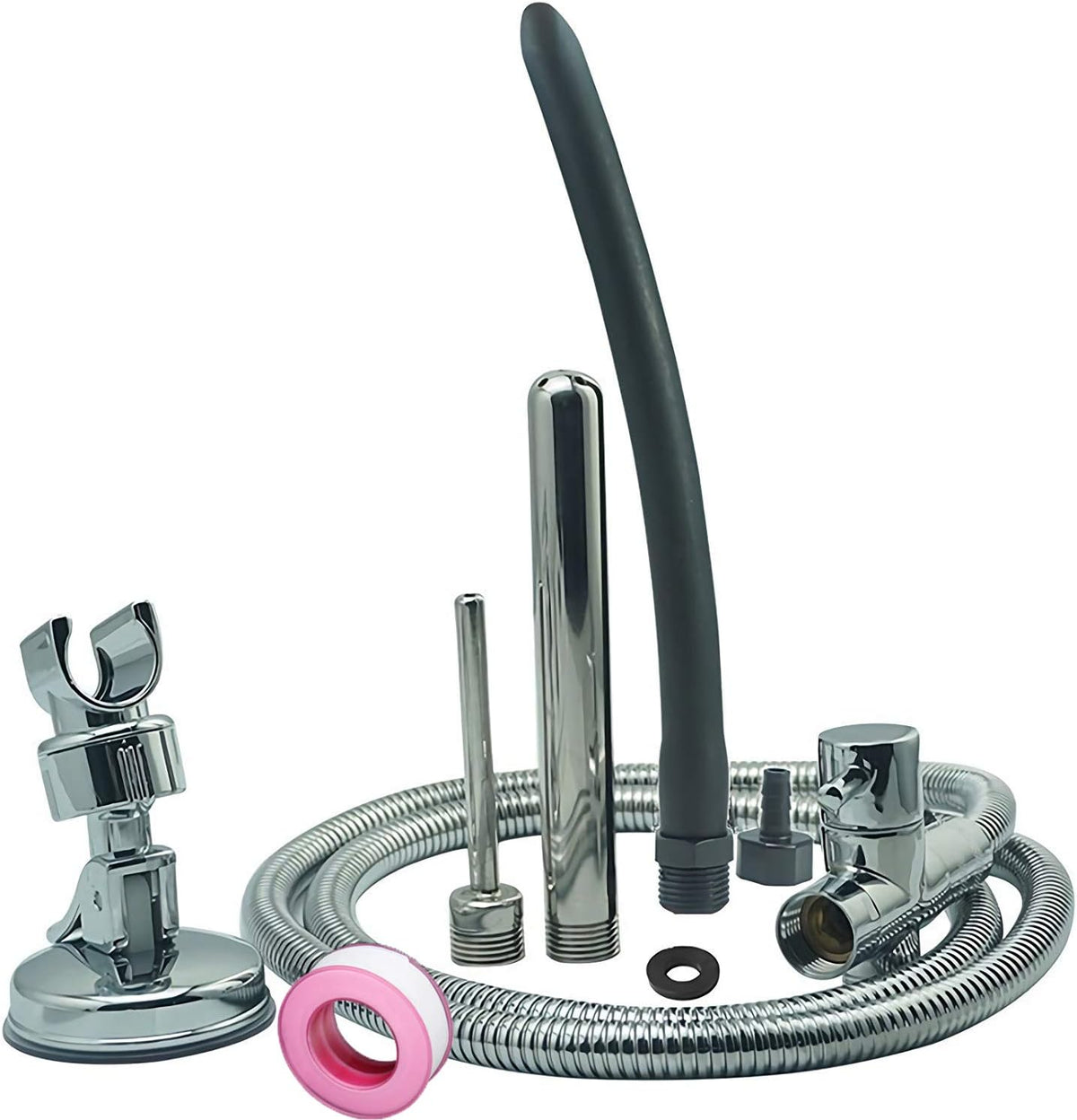 Funny Steel Shower Enema System front view showing stainless steel hose and diverter.