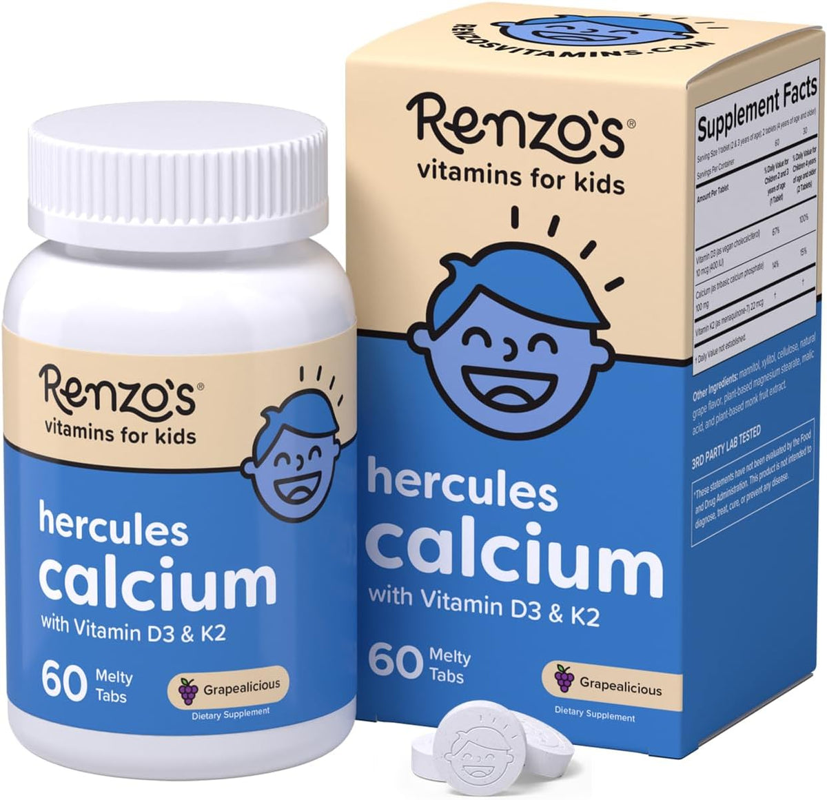 Renzo's Hercules Calcium Melty Tabs front view kids bone health supplement