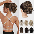 REECHO Ponytail Extension front view showing short curly wavy style in chestnut brown with golden highlights.