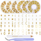 Danneasy 6 Boxes Gold Nail Charms front view displaying six wheels of 3D metal studs.