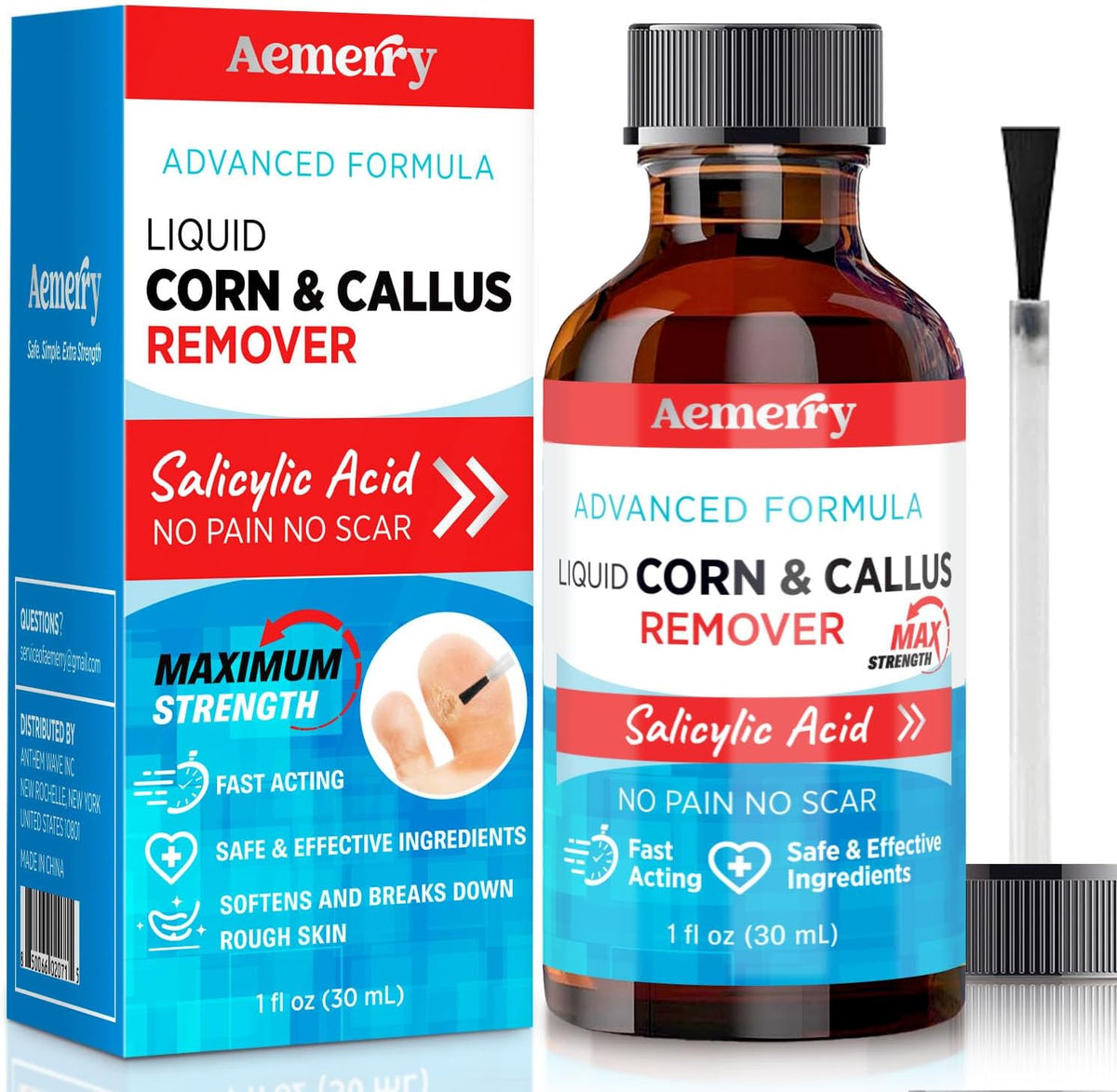 Aemerry corn remover liquid thirty milliliters front view bottle packaging for foot care.