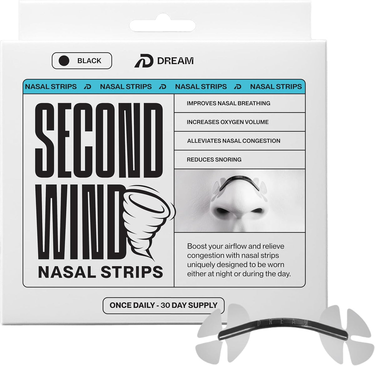 Dream Recovery Second Wind Nasal Strips front packaging view showcasing the black strips box