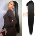 Flufymooz long straight drawstring ponytail extension front view showing 36 inch sleek black hair quality.
