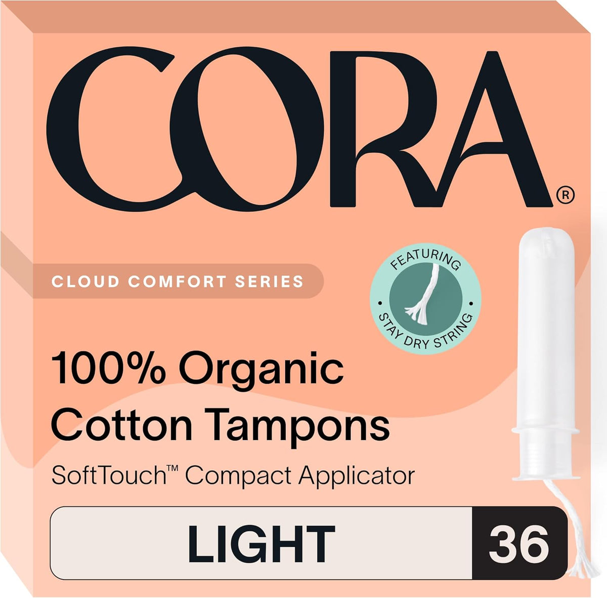 Cora Organic Cotton Tampons 36 Light Count front box view for organic period care.