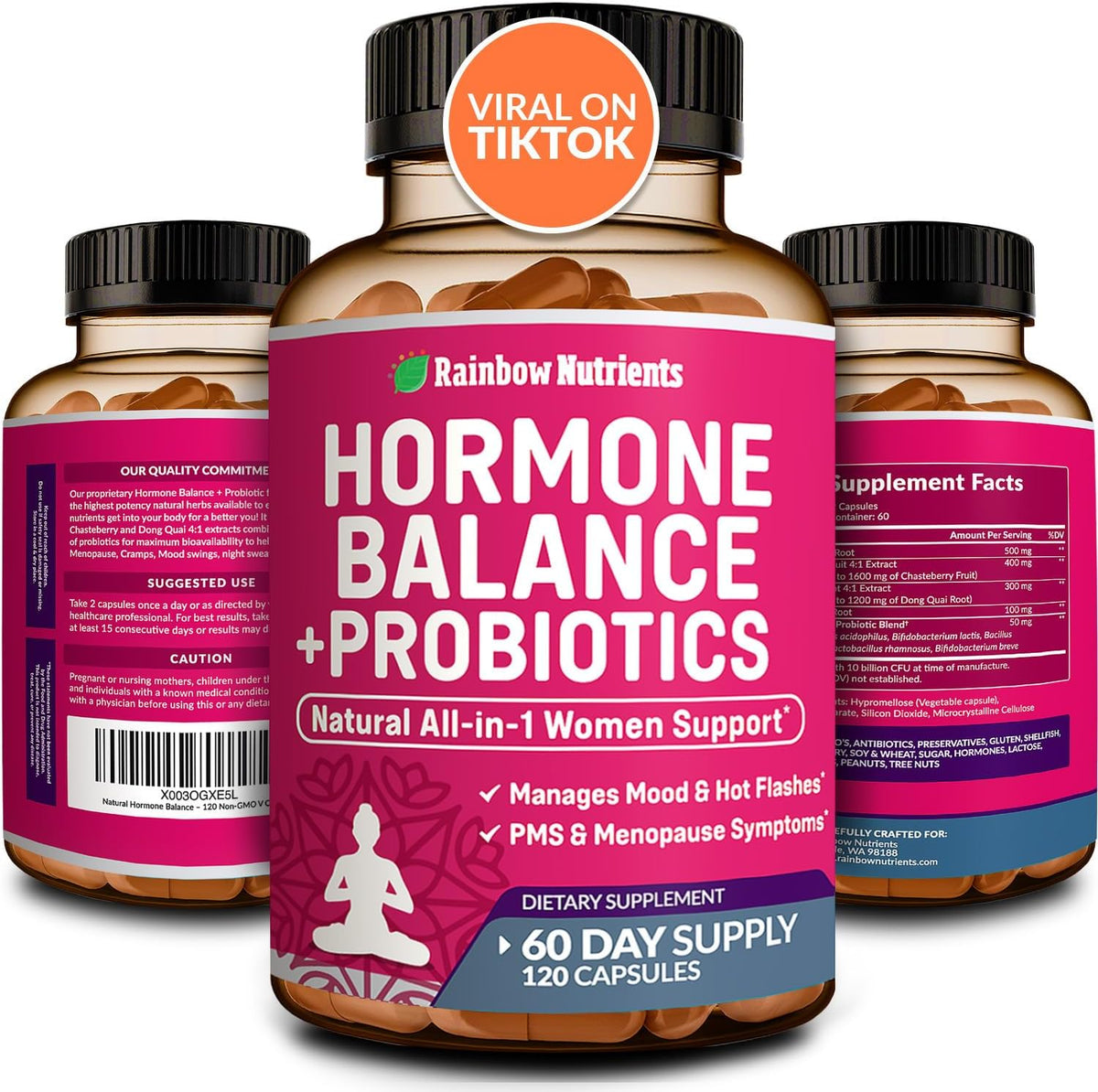 Rainbow Nutrients Hormone Balance and Probiotics bottle front view for women's health