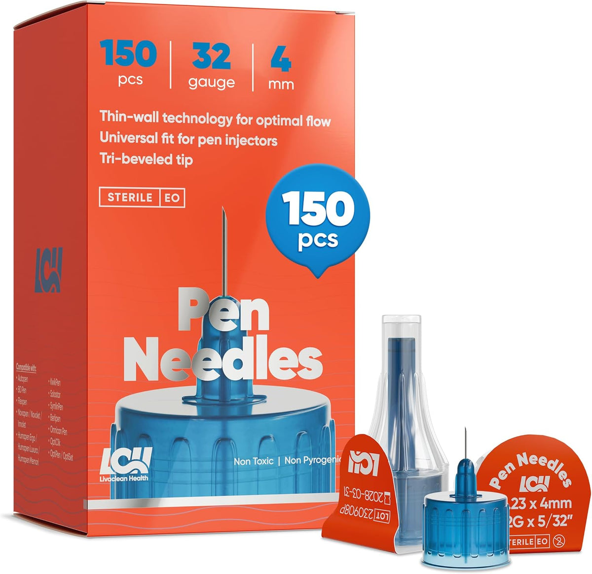 LivaClean Health insulin pen needles 150 count box front view for diabetic care