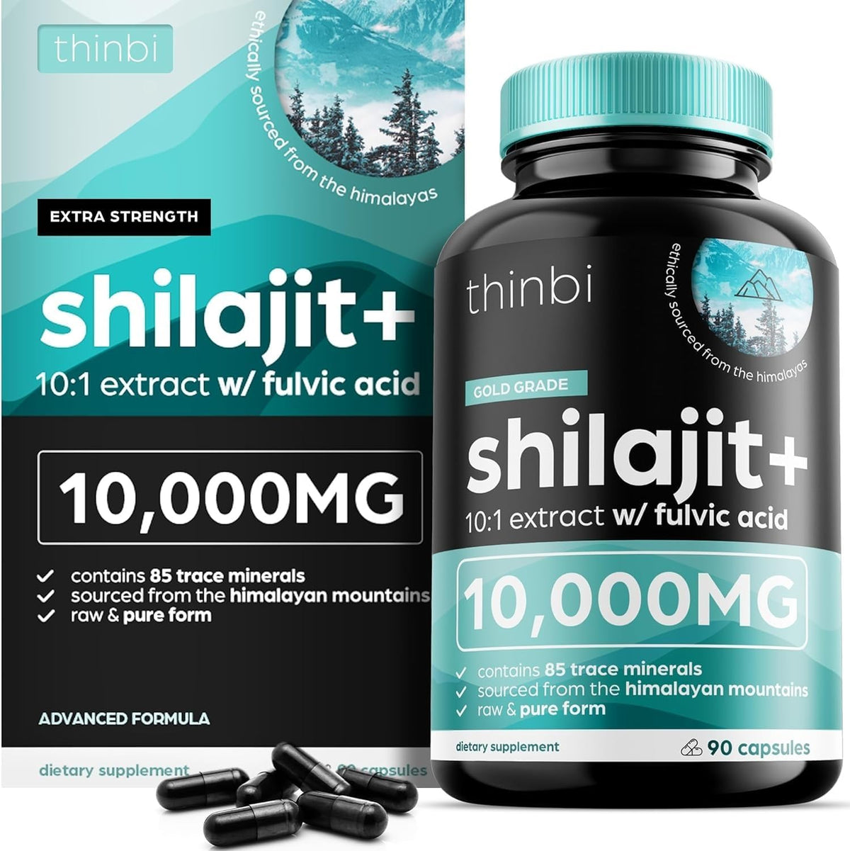 Artnaturals Thinbi Pure Himalayan Shilajit front bottle view showing premium gold grade dietary supplement capsules.