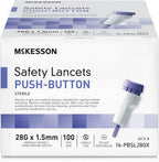 McKesson safety lancets for diabetes testing front view showing the purple push button activation box.