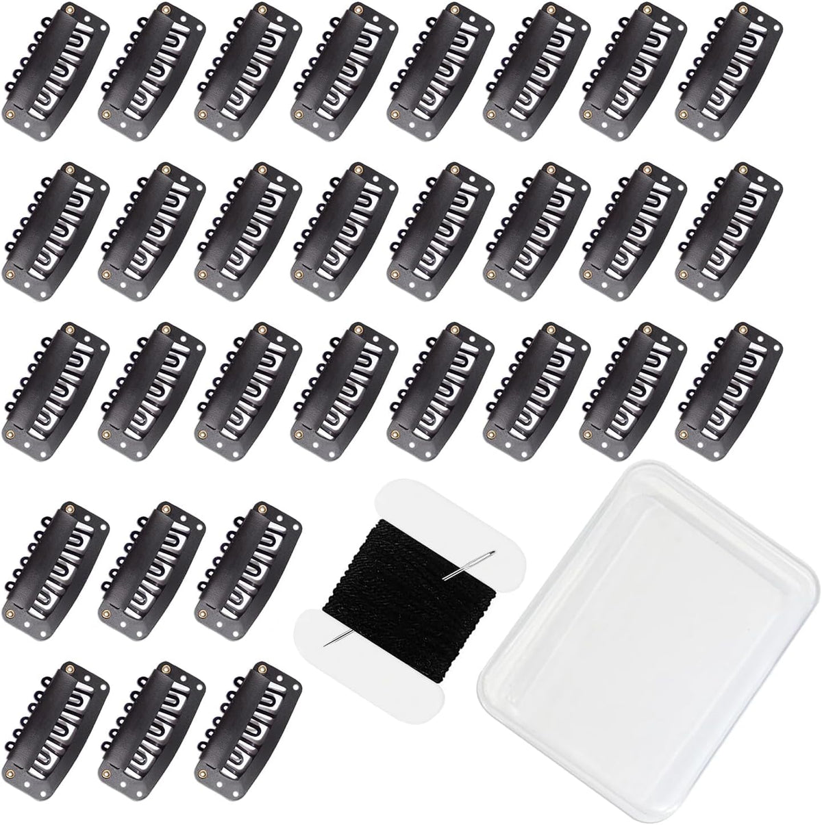 Uadbau 6-teeth U-shape wig clips front view showing thirty black snap fasteners with silicone coated teeth