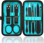 Hantekas 9 in 1 stainless steel manicure set blue case front view