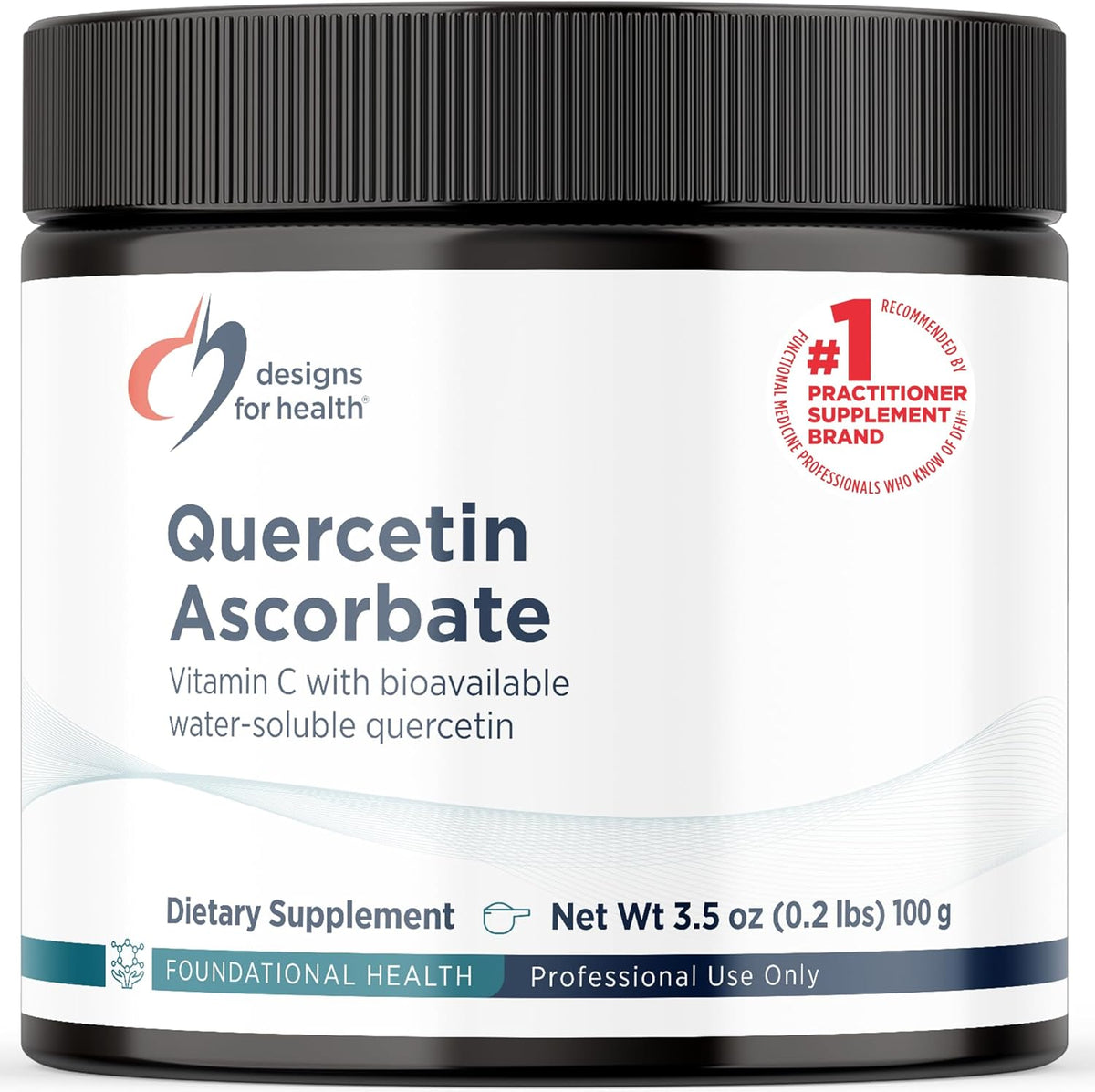 Designs for Health Quercetin-Ascorbate Powder jar front view showing authentic USA packaging.