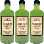 Village Naturals Therapy Aches and Pains Muscle Relief Foaming Bath Oil and Body Wash front view of three bottles for muscle recovery.