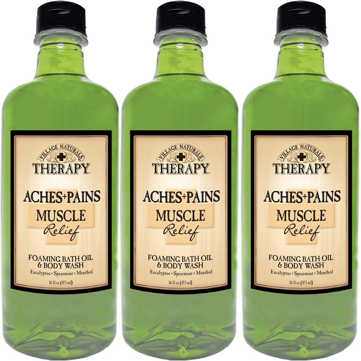 Village Naturals Therapy Aches and Pains Muscle Relief Foaming Bath Oil and Body Wash front view of three bottles for muscle recovery.
