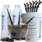 Blond Forte Perfect Blond hair bleach lightener kit front view including blue lightening powder tub and developer bottle.