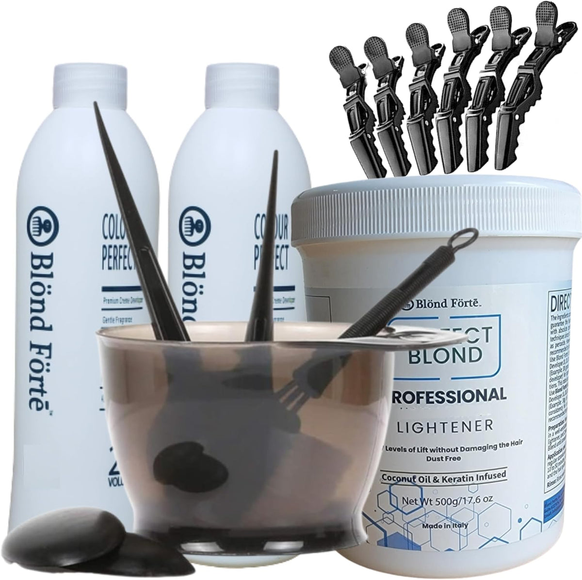 Blond Forte Perfect Blond hair bleach lightener kit front view including blue lightening powder tub and developer bottle.
