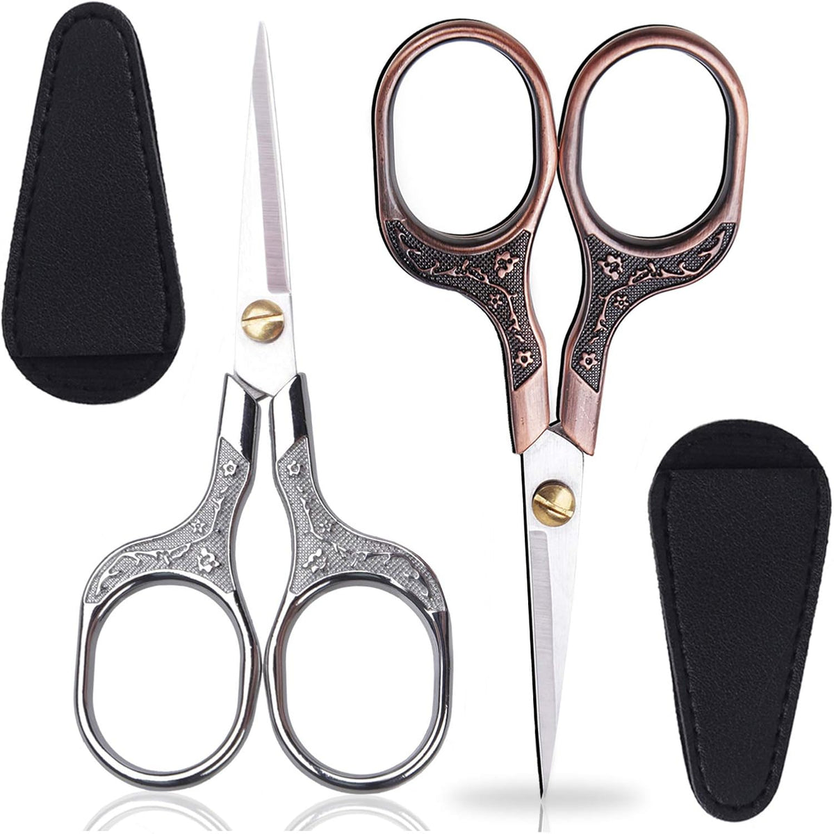 KISTARCH vintage precision scissors front view showing silver and copper red pairs