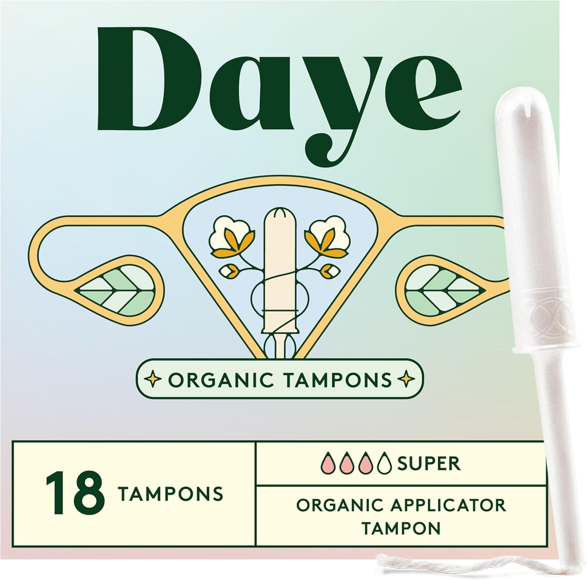 Daye Organic Tampons Super 18 Count front view of packaging.