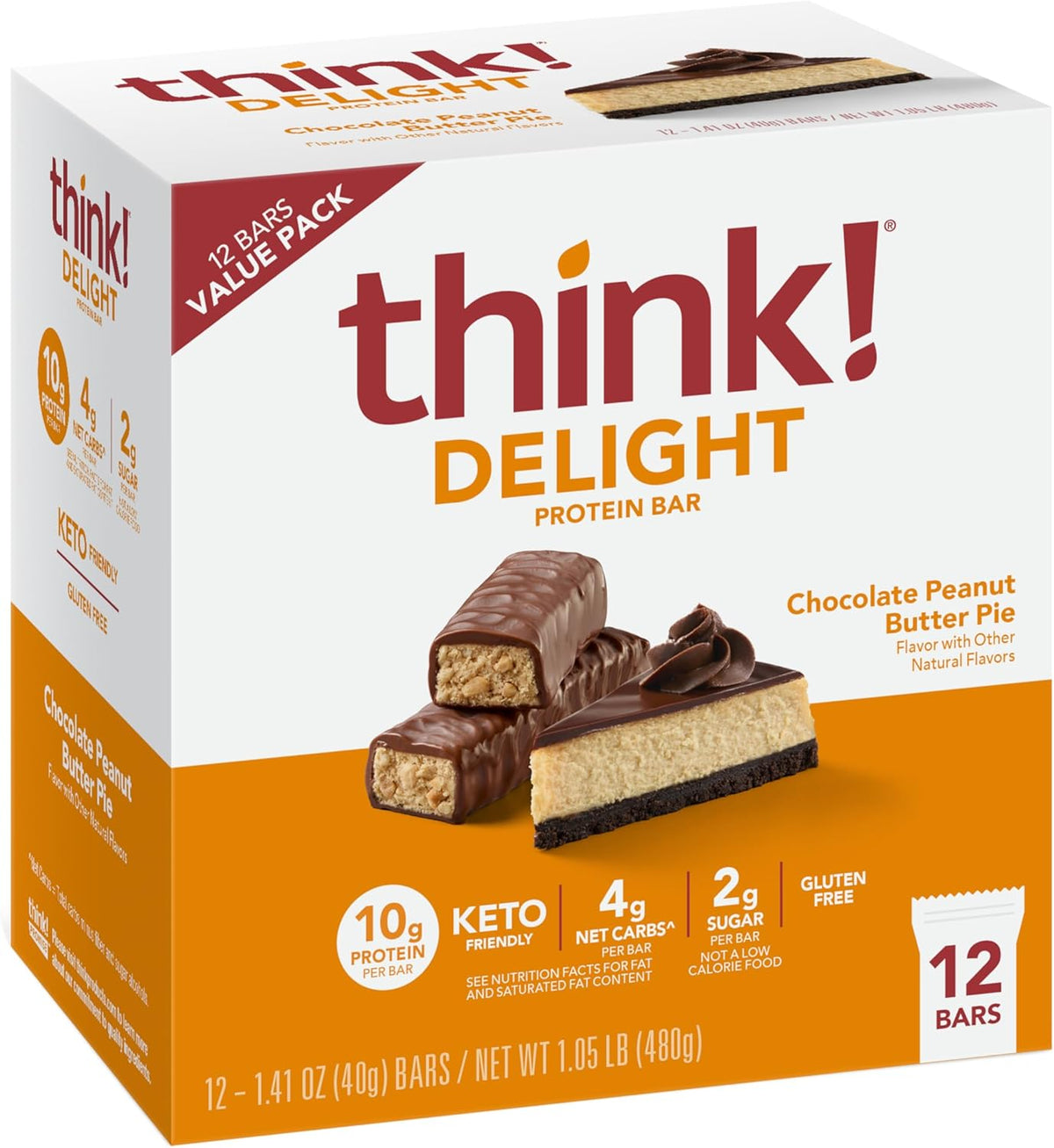 think! Delight Protein Bars, Chocolate Peanut Butter Pie, Low Sugar & Low Carb Gluten-Free Snack, Keto Friendly Snacks, 12 Count (Packaging May Vary) - Image 1