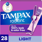 Tampax Radiant Tampons Light Absorbency front view 28 count box