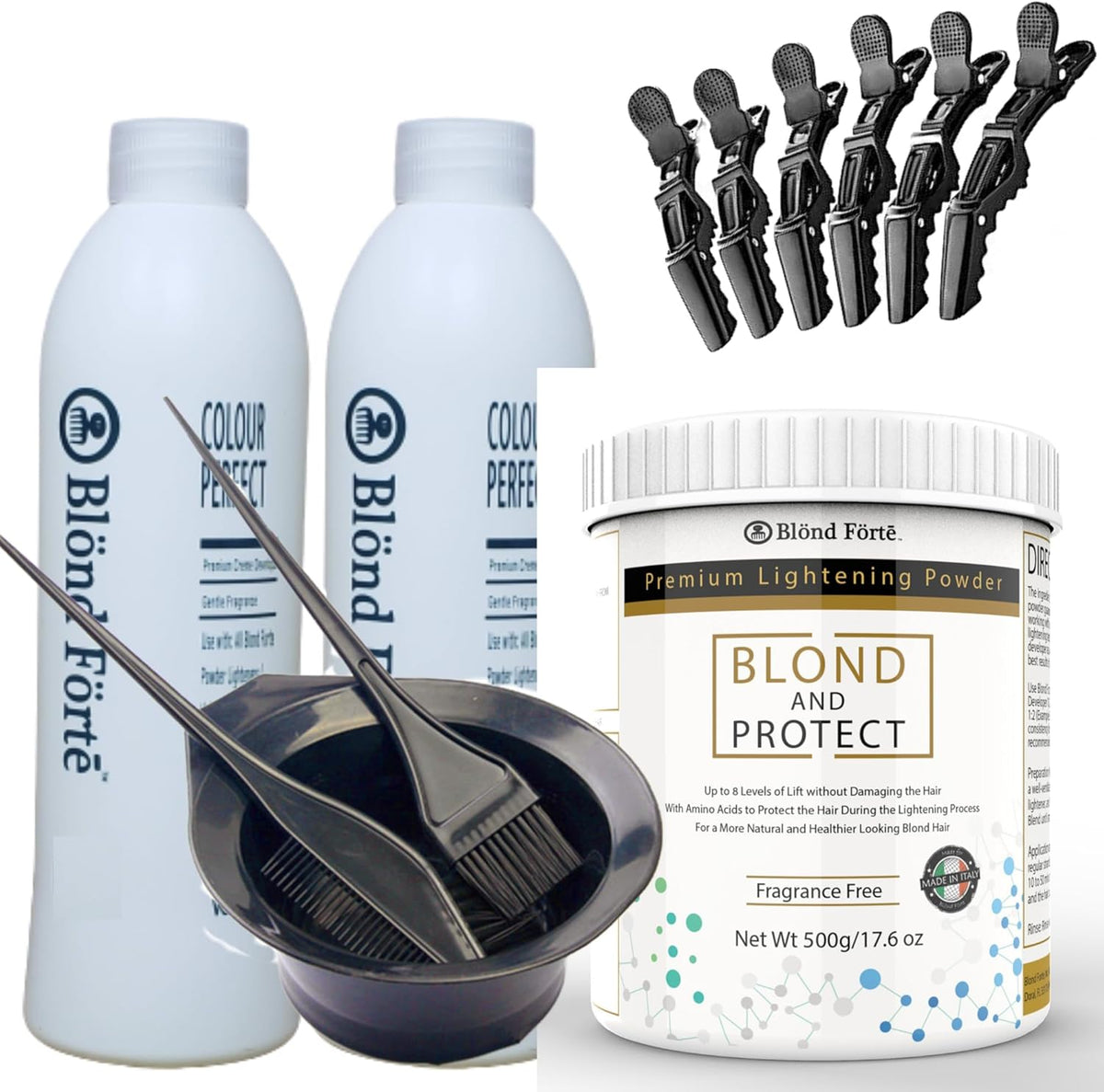 Blond Forte professional hair lightening bleaching powder kit front view showcasing the tub and developer bottle.