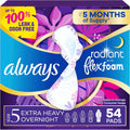 Always Radiant Feminine Pads Size 5 front packaging for overnight protection.