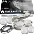 Peace And Quiet PQ wax ear plugs white front view packaging with six pillows for sleeping noise cancellation.