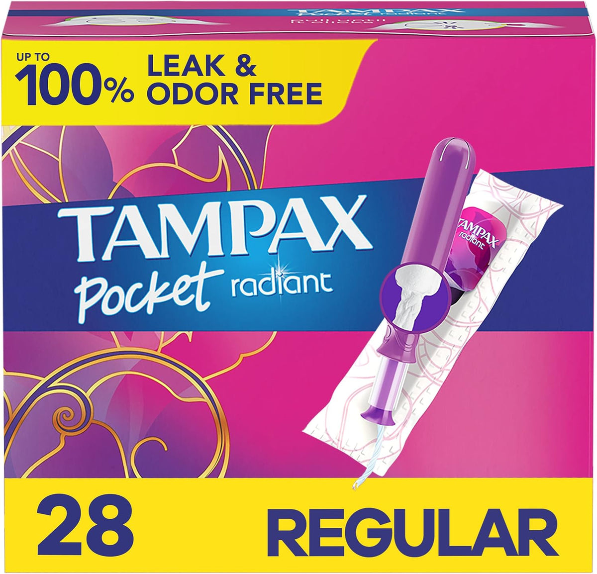 Tampax Pocket Radiant Compact Tampons 84 count pack front view authentic import