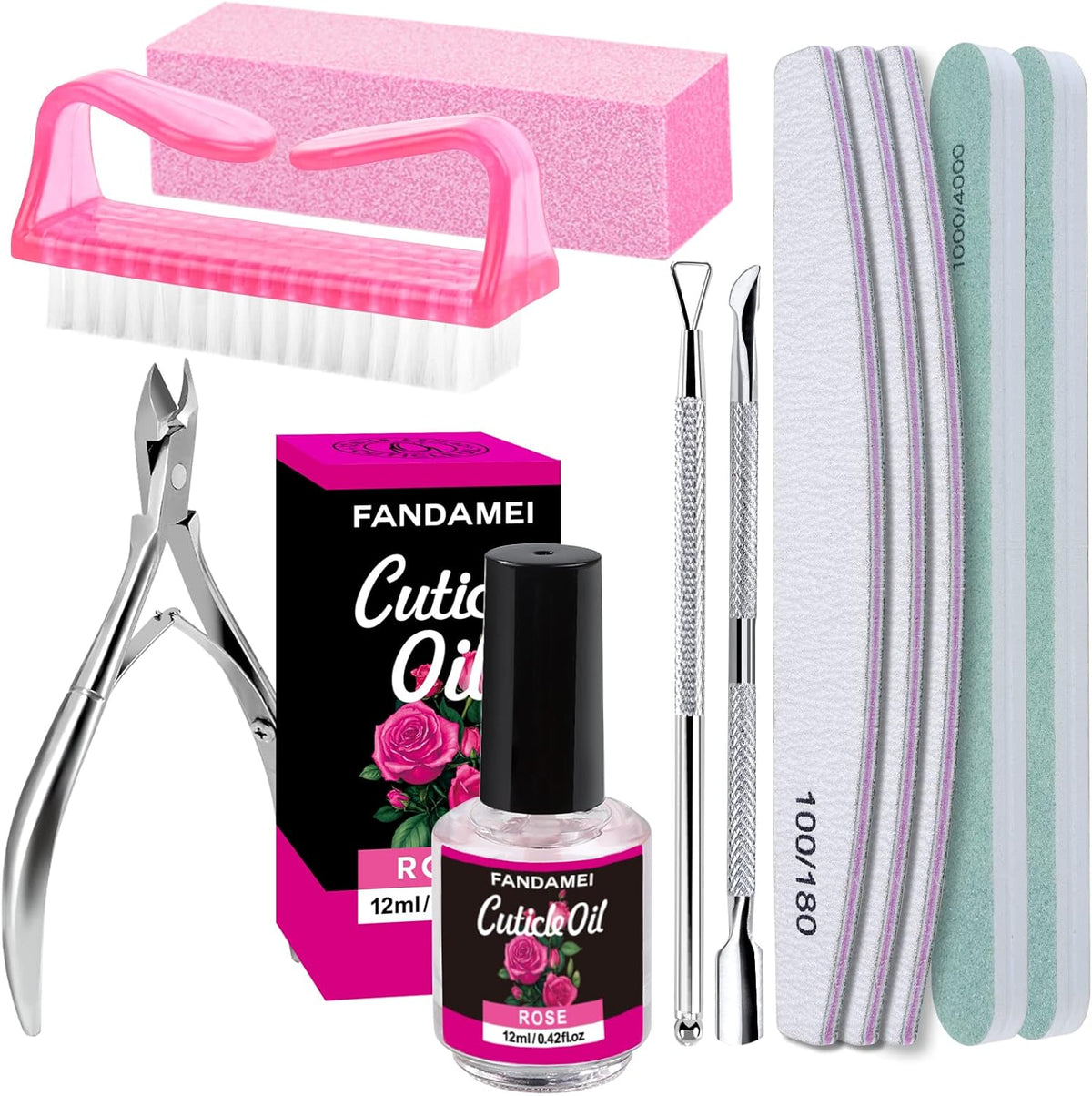 Fandamei Manicure Tools Kit with cuticle oil front view