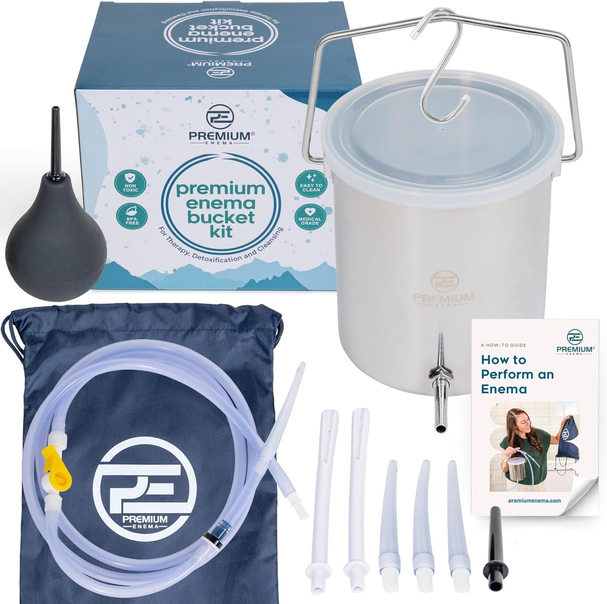 PE Premium Enema stainless steel bucket kit front view for home colon detox.