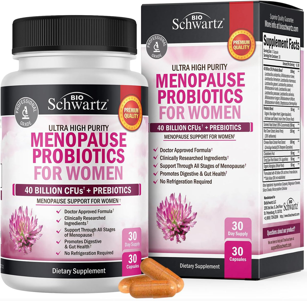 BioSchwartz Menopause Probiotics 40 Billion CFU bottle front view for hormonal balance.