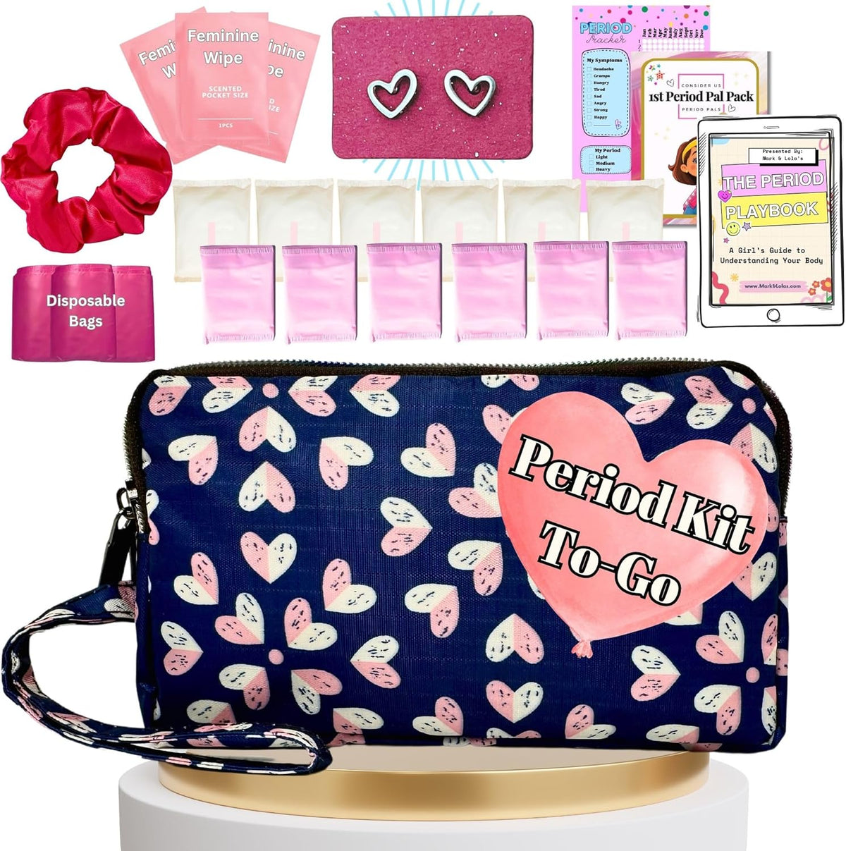 Mark and Lola's First Period Pal Pack to-Go Kit front view with heart print bag.