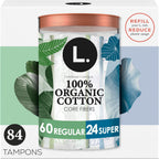 L. Organic Cotton Tampons 84 count front packaging view showing regular and super absorbency.