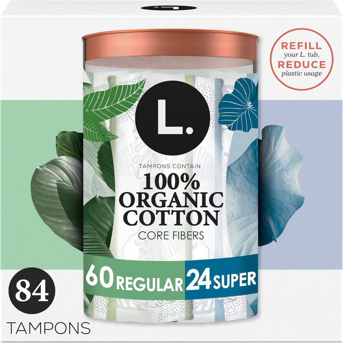 L. Organic Cotton Tampons 84 count front packaging view showing regular and super absorbency.