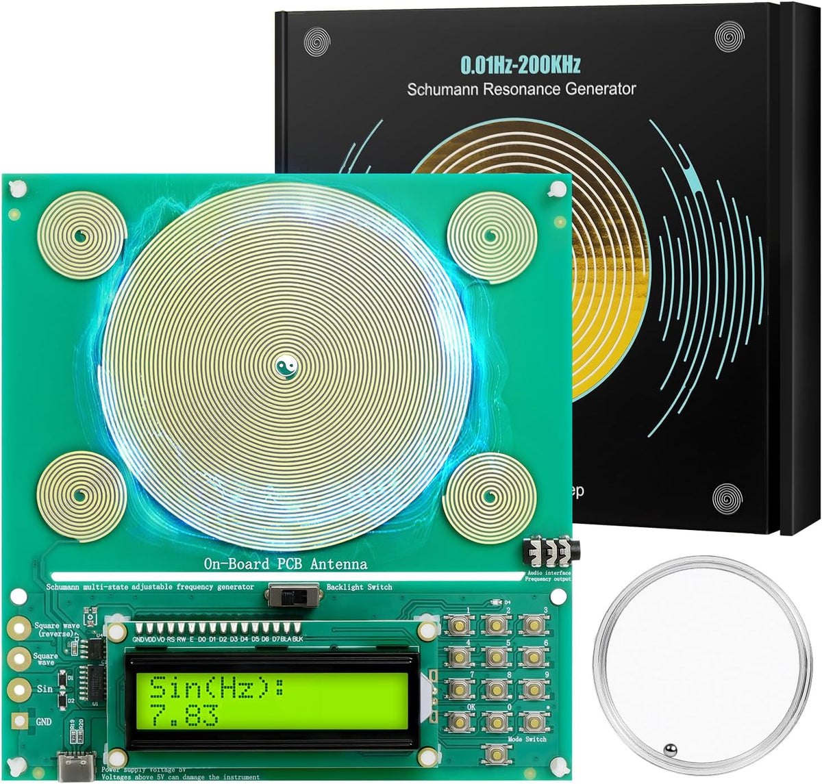 XIKDS Schumann resonance frequency generator front view with digital LCD display screen.