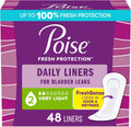 Poise Daily Liners 48 count front packaging for very light bladder leak protection.