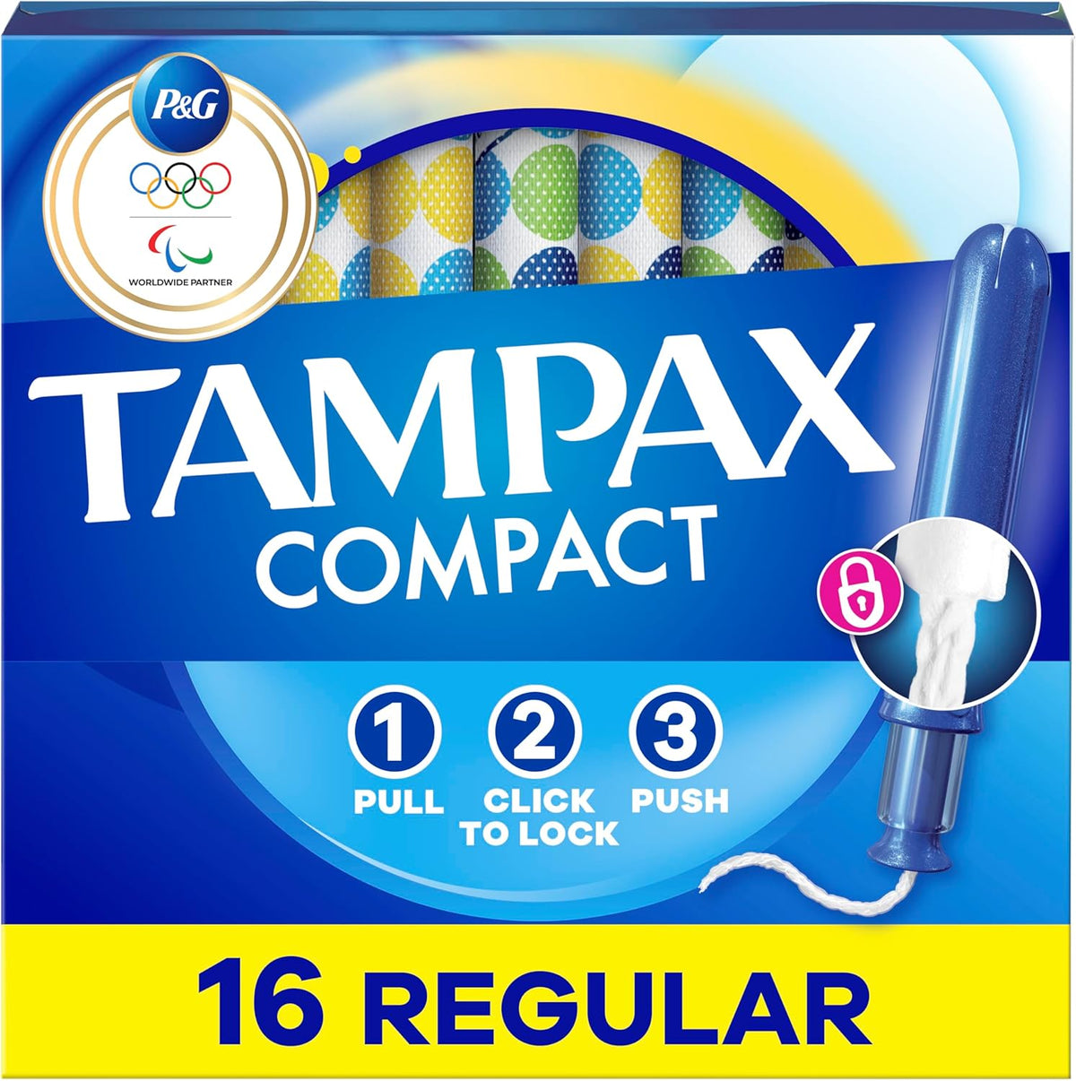 Tampax Compact Pearl Regular Tampons 16 Count front view pocket-sized protection.