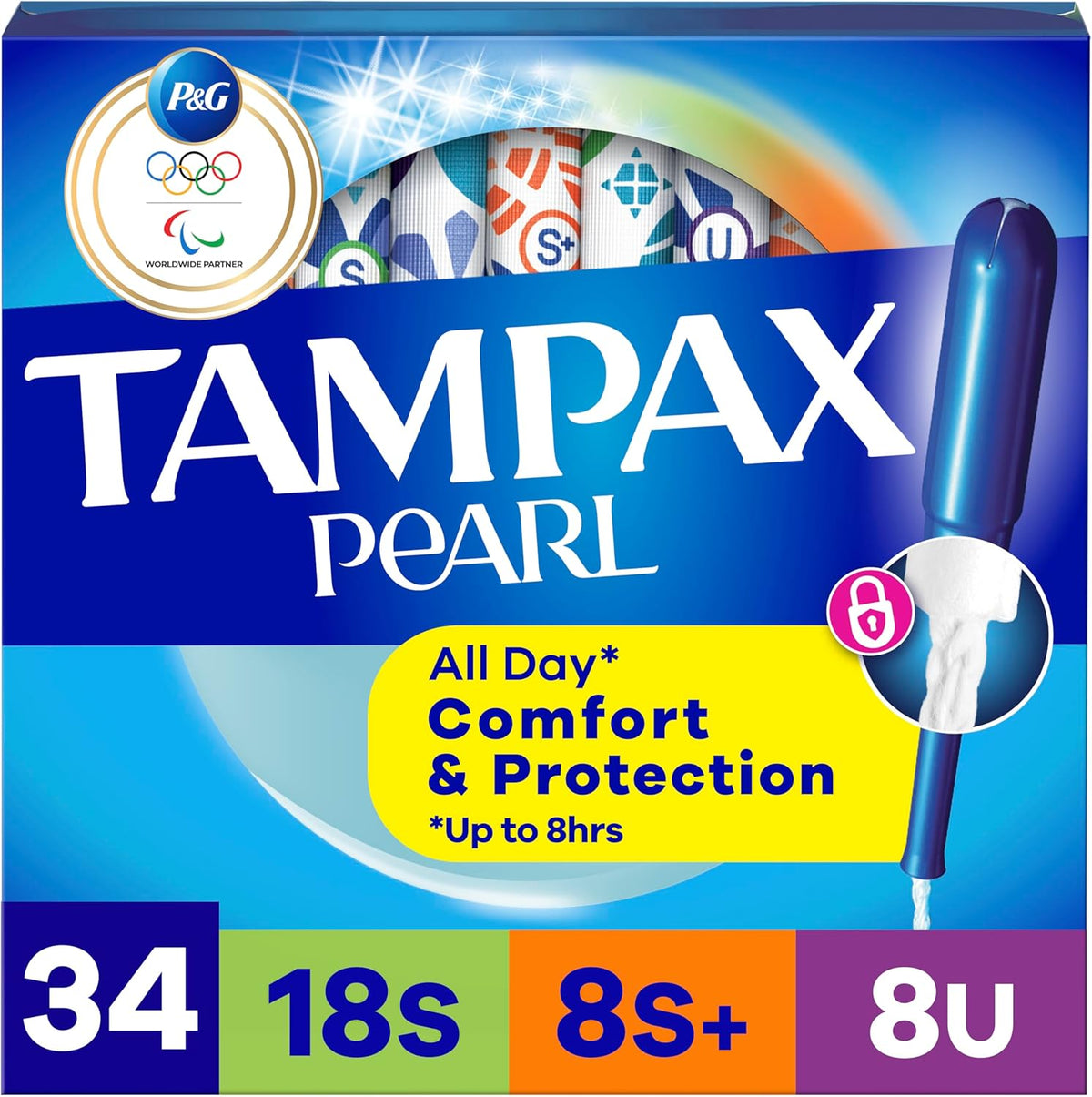 Tampax Pearl Tampons Trio Multipack front view showing 34 count packaging