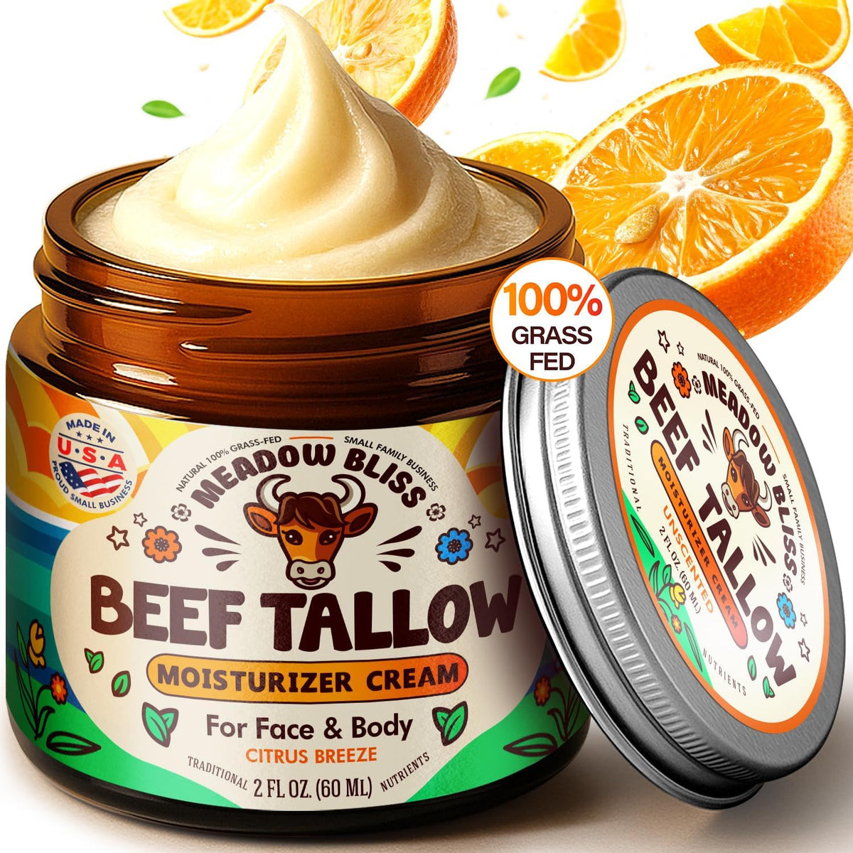 Beef Tallow for Skin - Moisturizer Cream - 100% Grass Fed - Whipped Beef Tallow - Organic Jojoba Oil - Organic Shea Butter - Supports Eczema, Rosacea+ - Made in USA - Citrus Breeze - 2 oz - Image 1