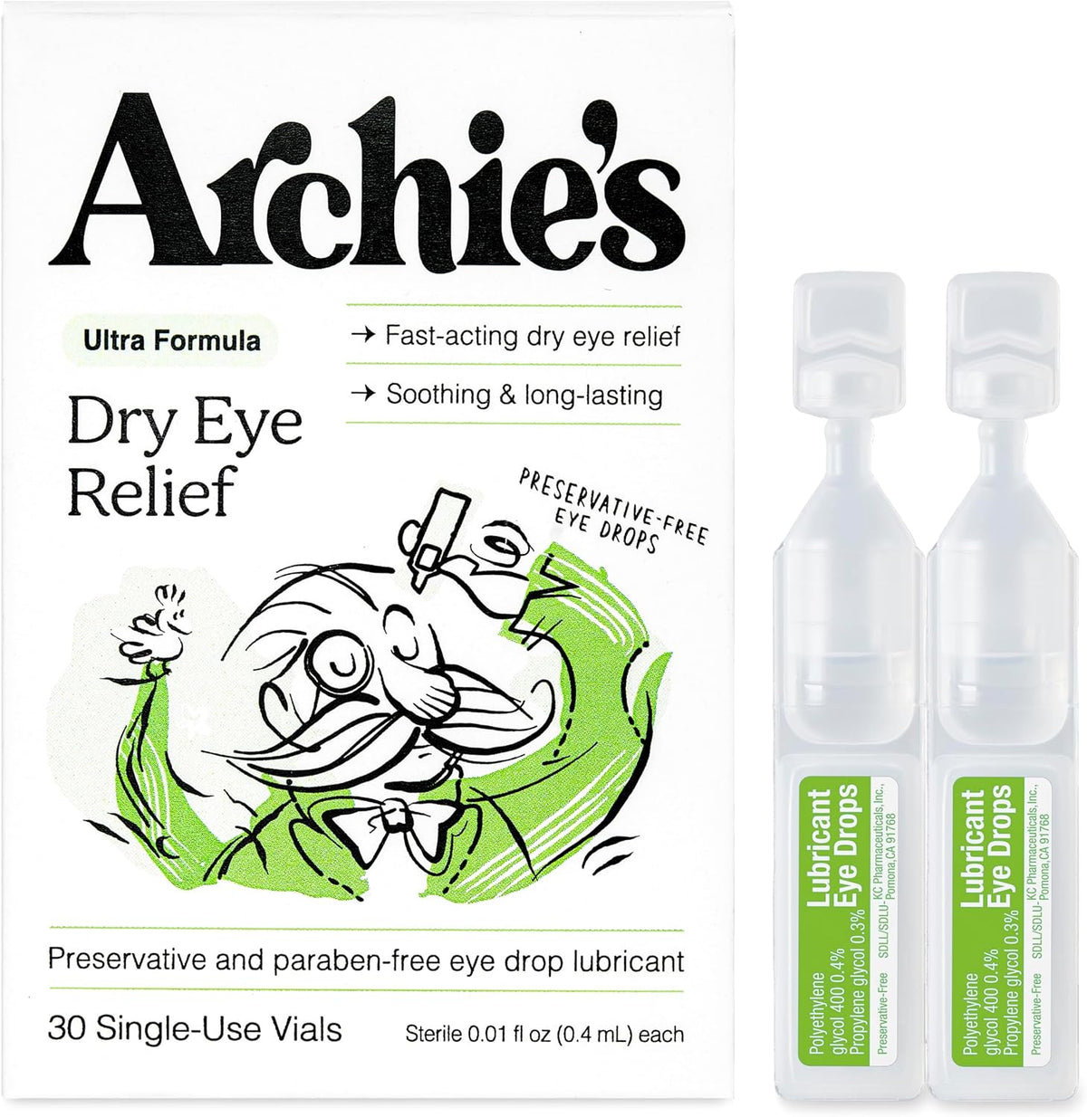 Archie's Remedies Dry Eye Relief front packaging showing 30 sterile vials.