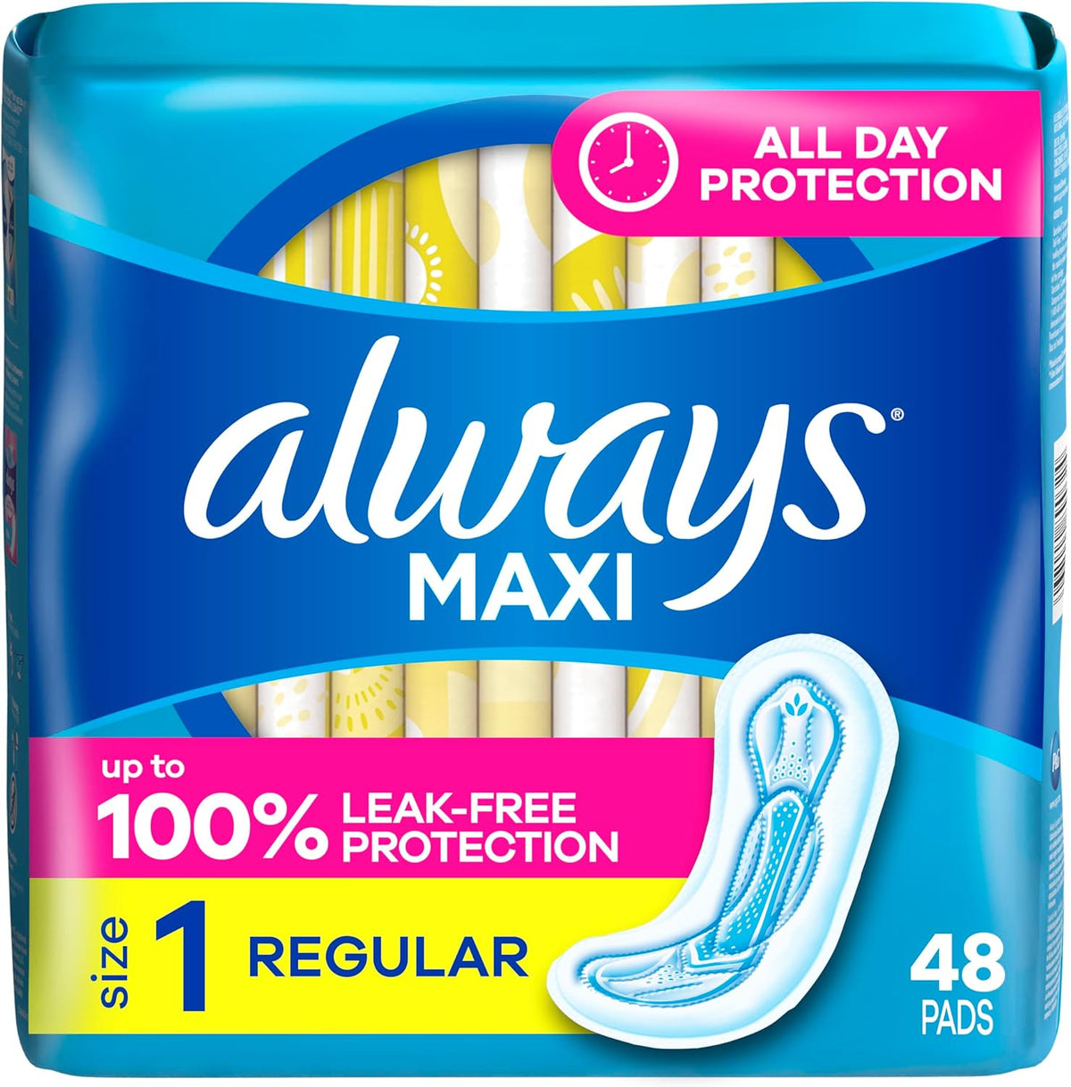 Always Maxi Feminine Pads Size 1 Regular 48 Count front packaging view